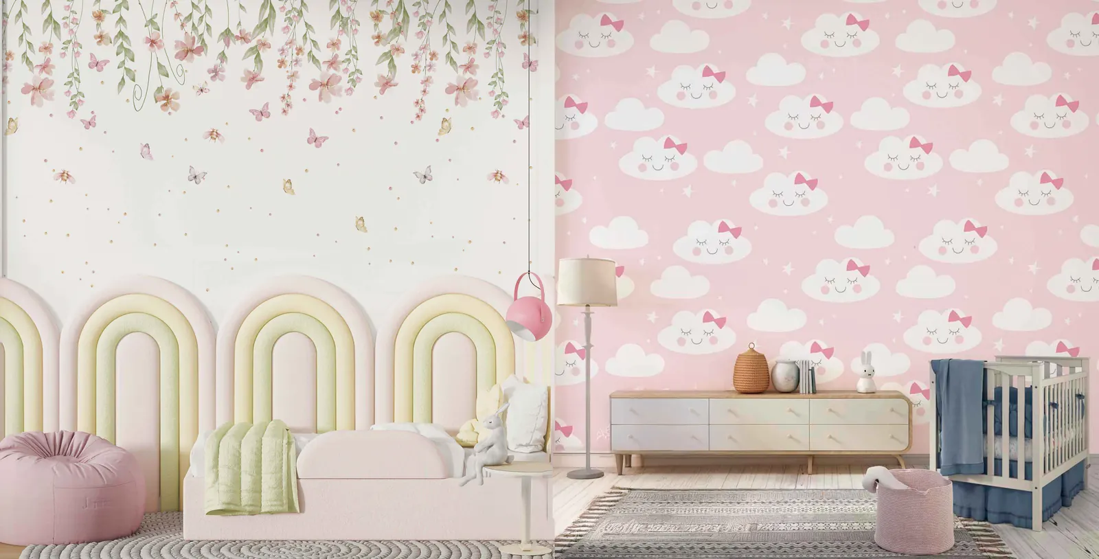Papéis personalizados com flores delicadas e nuvens rosa