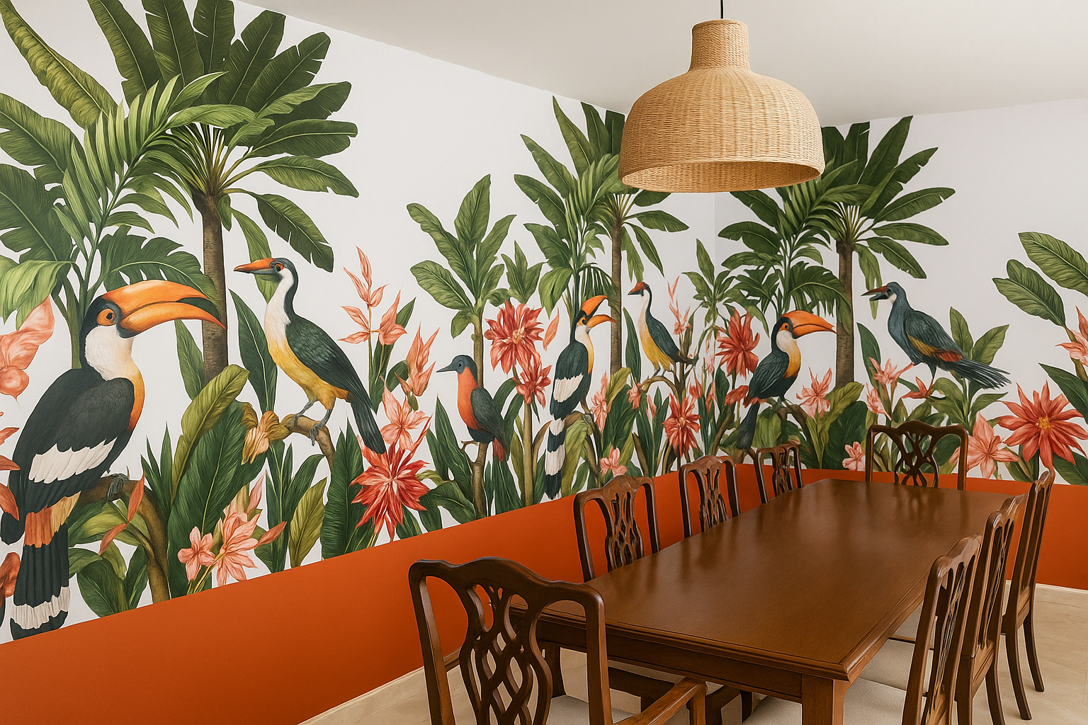 Papel de parede personalizado tropical com tucanos e palmeiras